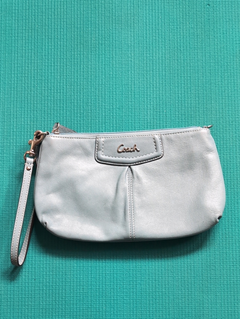 Coach Pale Blue Leather Wristlet with Silver Logo And Accents